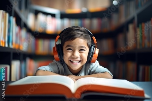 a happy asian child boy in headphones on the background of shelves with books in the room