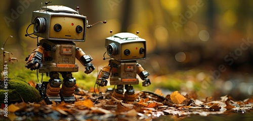 Dwa urocze małe roboty chodzące po jesiennych liściach.  photo