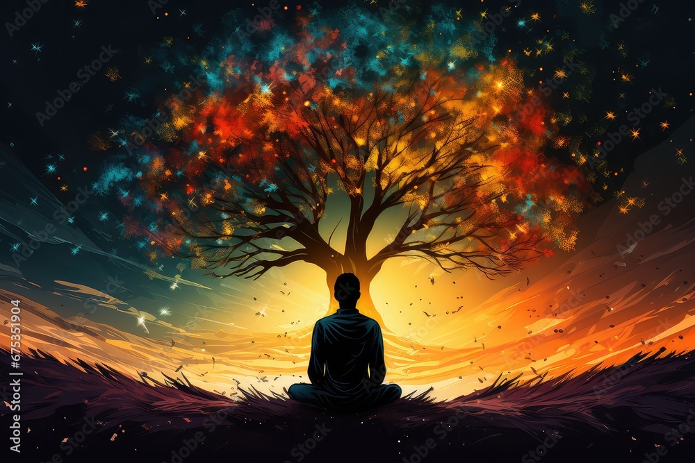 Medytacja pod kolorowym drzewem życia.  - obrazy, fototapety, plakaty 