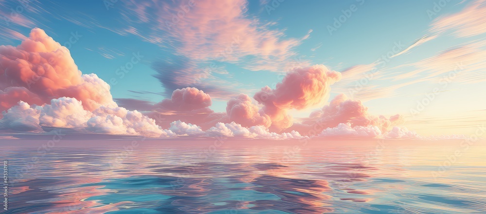 Pastelowe chmury nad wodą w stylu anime.  - obrazy, fototapety, plakaty 
