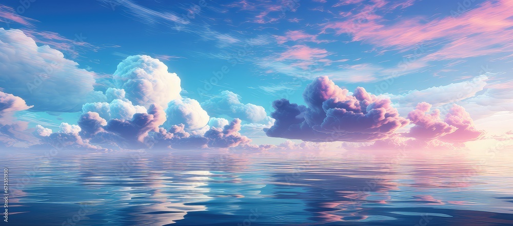 Pastelowe chmury nad wodą w stylu anime.  - obrazy, fototapety, plakaty 