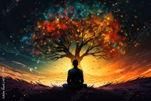 Medytacja pod kolorowym drzewem życia. 
