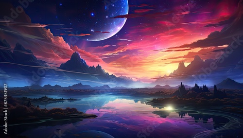 Piękne niebo nad jeziorem z ogromnym księżycem i kolorowym nocnym niebem. 