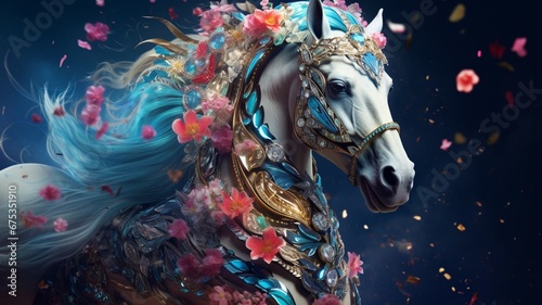 a majestic horse adorned with glittering ribbons and floral garlands, symbolizing grace and beauty, as it becomes a part of the vibrant celebrations for New Year 2024.