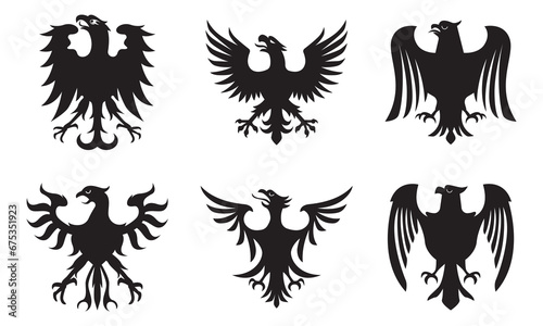 Collection of heraldic eagle logos. Ancient bird badge symbol silhouette photo