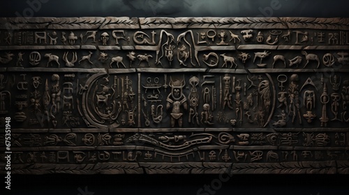 Enigmatic tablet, etched runes, preserves Nordic sagas and legends. photo