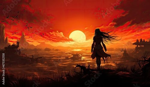 Indiańska wojowniczka plemienna o zachodzie słońca. 