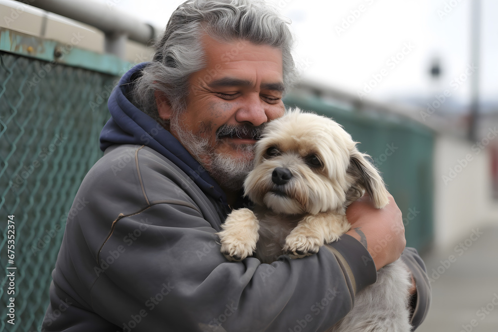 Portrait homeless dirty tramp hugging his dog. Concept friendship lifestyle. Generation AI Portrait homeless dirty tramp hugging his dog. Concept friendship lifestyle. Generation AI