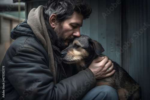 Portrait homeless dirty tramp hugging his dog. Concept friendship lifestyle. Generation AI