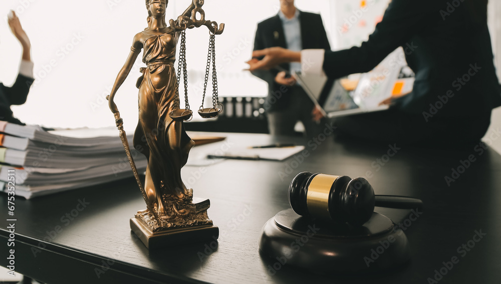 Consultation and conference of Male lawyers and professional businesswoman working and discussion having at law firm in office. Concepts of law, Judge gavel with scales of justice. - obrazy, fototapety, plakaty 