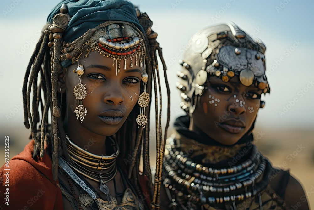 Obraz na płótnie Piękne afrykańskie kobiety w ozdobach plemiennych.  w salonie