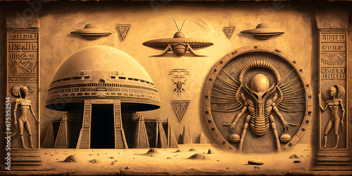 Egyptian hieroglyphs, Egypts people worship aliens UFO flying saucers. Generation AI.