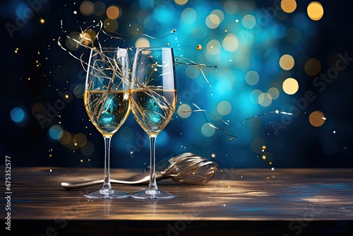 Dwa kieliszki z szampanem na noworocznym tle z pięknym bokeh. 