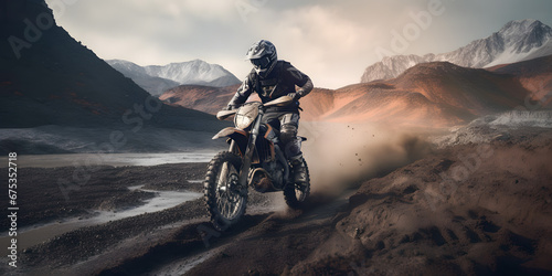 Rider biker Moto cross riding in mountain with dust. Extreme motocross sport banner photo