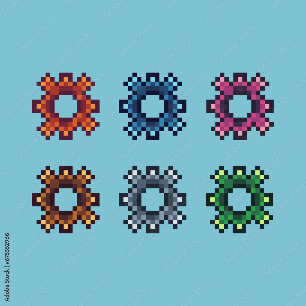 Pixel art sets of setting icon with variation color item asset. Simple bits of setting icon pixelated style. 8bits perfect for game asset or design asset element for your game design asset. Pixel art sets of setting icon with variation color item asset. Simple bits of setting icon pixelated style. 8bits perfect for game asset or design asset element for your game design asset.
