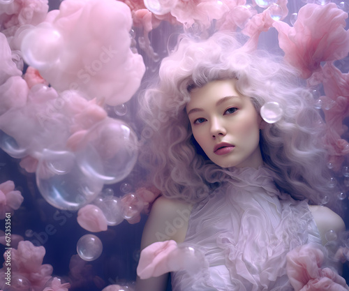 Fashion surreal Concept. Stunning beautiful woman of bubble fluid floral in romantic magical pastel background. illuminated with soft composition and natural lighting. copy space 