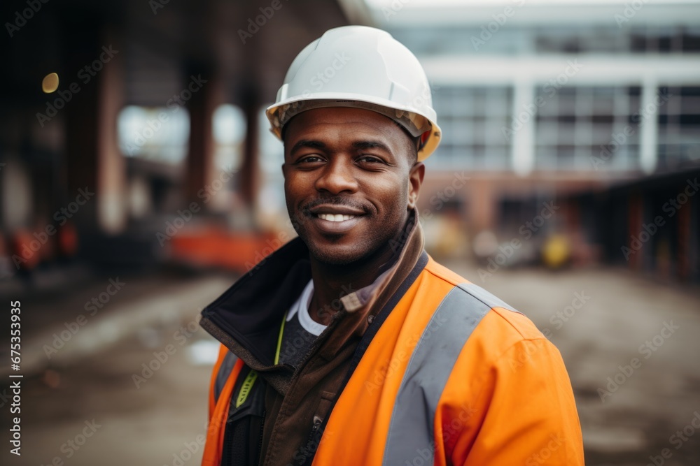 Happy african american man in an engineer hard hat at a construction site. Work process, construction of a house Happy african american man in an engineer hard hat at a construction site. Work process, construction of a house