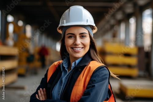 Happy woman in an engineer hard hat at a construction site. Work process, construction of a house photo