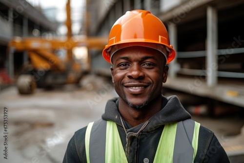 Happy african american man in an engineer hard hat at a construction site. Work process, construction of a house