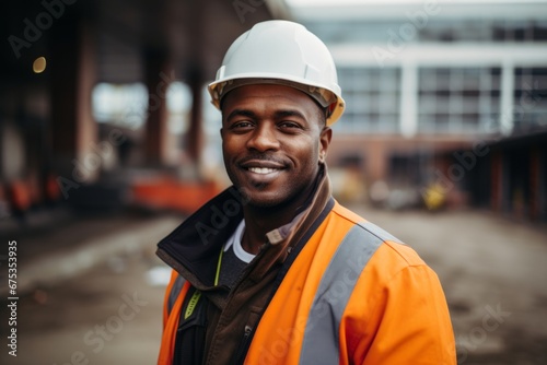 Happy african american man in an engineer hard hat at a construction site. Work process, construction of a house