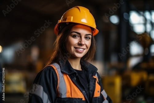 Happy woman in an engineer hard hat at a construction site. Work process, construction of a house