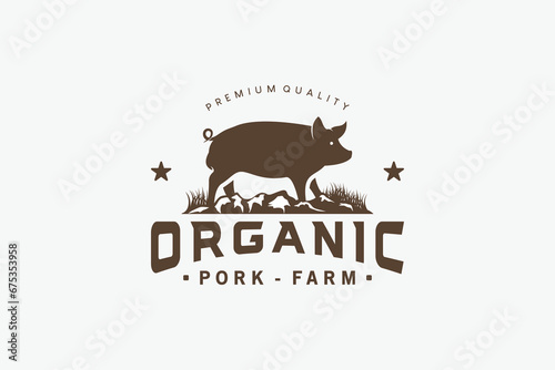 Broiler pig silhouette logo design, vintage rustic pig farm logo