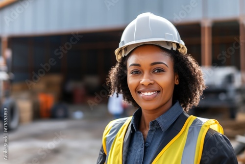Happy african american woman in an engineer hard hat at a construction site. Work process, construction of a house photo