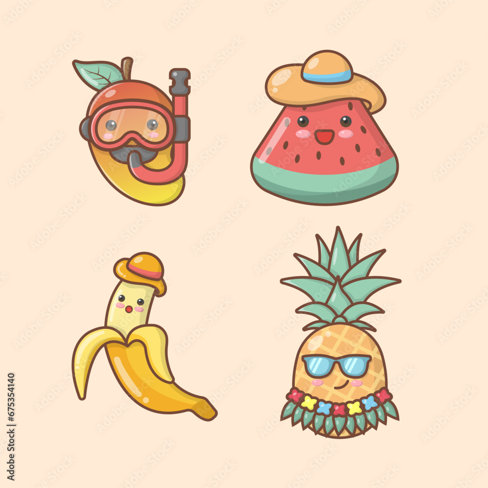 Fototapeta premium vector hand drawn fruit mango watermelon banana pineapple holiday beach party kawai cute illustration