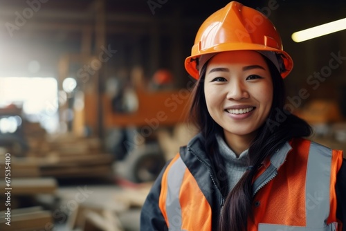 Happy asian woman in an engineer hard hat at a construction site. Work process, construction of a house photo
