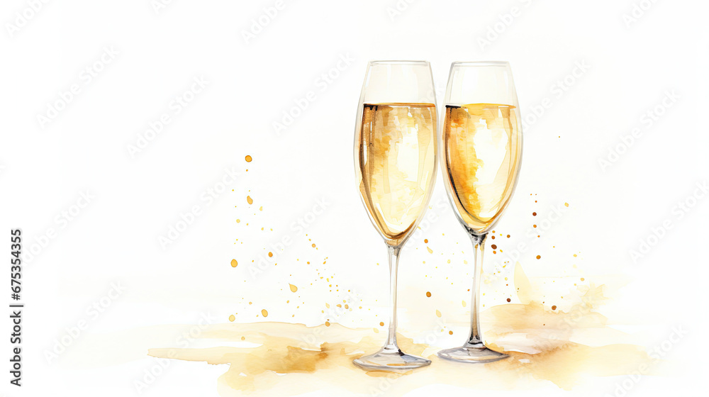Watercolor artwork showcasing two champagne glasses filling with bubbly on white background, ideal for celebrating special moments and joyous occasions - obrazy, fototapety, plakaty 