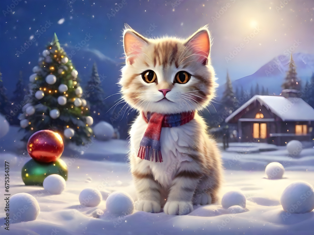 Cute cat playing outside on snow field with Christmas decorations. Cute cat playing outside on snow field with Christmas decorations.