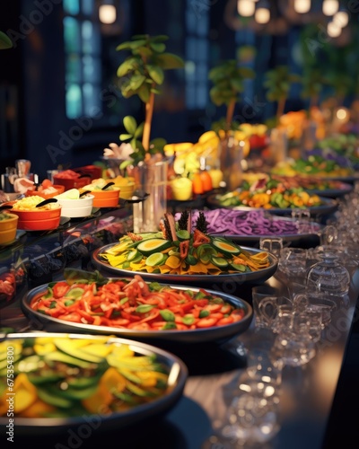 Fruits and vegetables on a buffet table in a restaurant or hotel