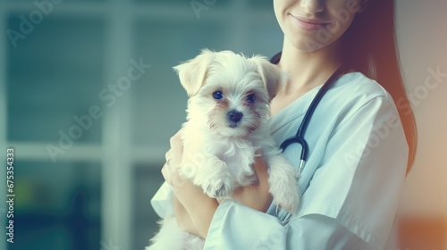 Veterinarian doctor holding cute little puppy in hands, closeup