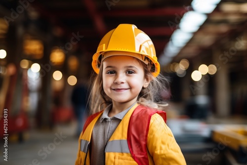 Happy child girl in an engineer hard hat at a construction site. Work process, construction of a house