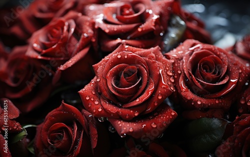 Beautiful red rose with water drops on dark background, closeup