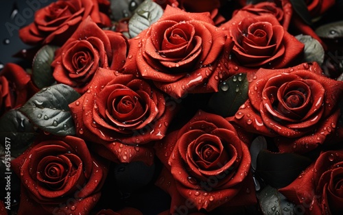Beautiful red rose with water drops on dark background  closeup