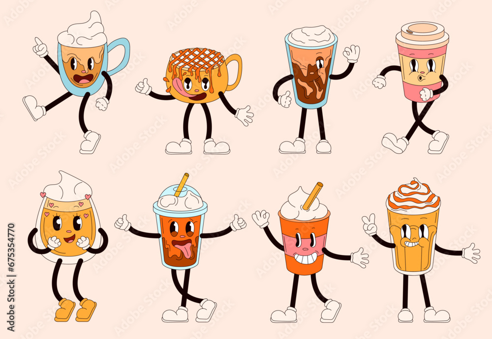 Groovy drinks characters in retro cartoon style. Comic characters in ...