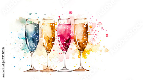 Watercolor illustration of four champagne glasses brim with colored effervescent wine on white background, setting the stage for a festive celebration