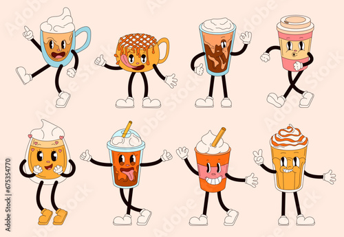 Groovy drinks characters in retro cartoon style. Comic characters in shape of coffee cup, cappuccino, latte with happy smile faces. Vector illustration isolated.