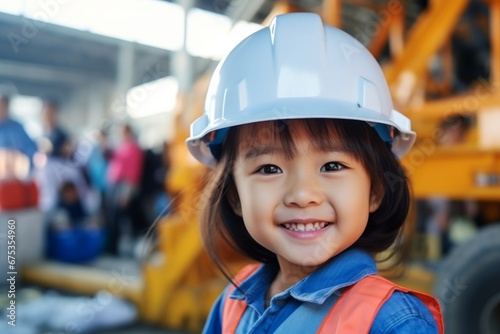 Happy asian child girl in an engineer hard hat at a construction site. Work process, construction of a house