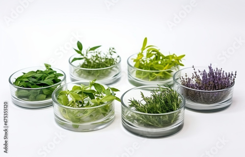 Petri dishes with different plants and cosmetic products on white background, top view