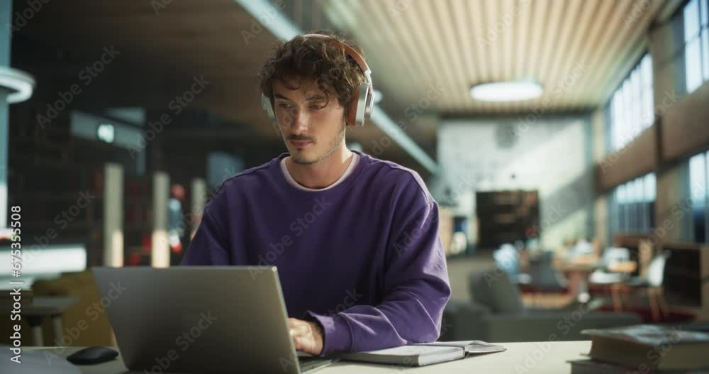 Cinematic Footage of a Thoughtful Young Student Preparing for Class, Doing Homework on a Laptop Computer. Freelance Journalist Working on an Article in a Public Library with Modern Simple Interior