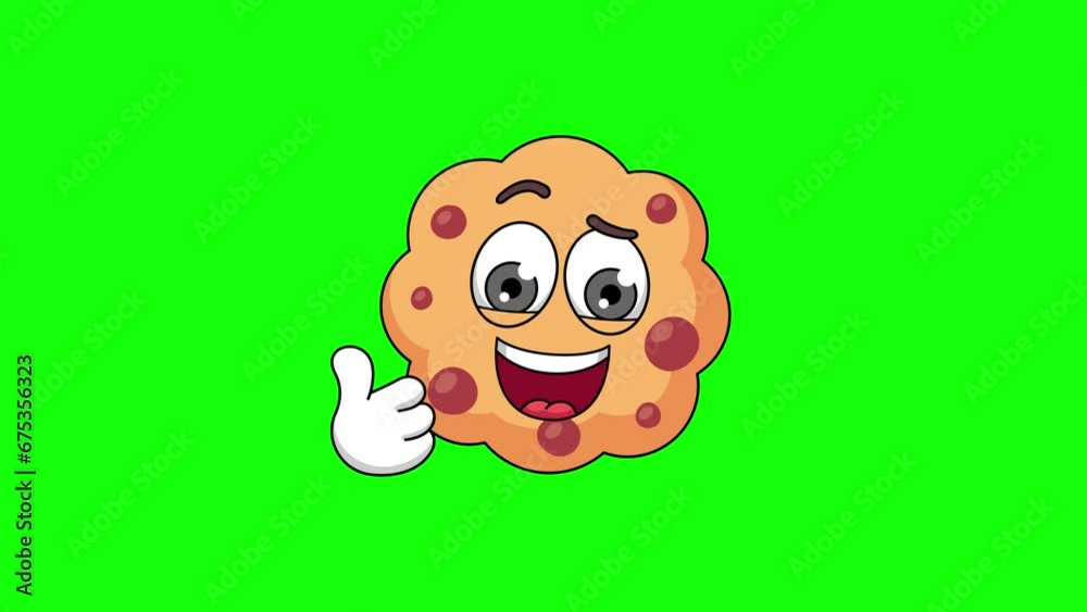 Thumbs-up chocolate chip cookie cartoon loop animation on a green screen
Thumbs-up chocolate chip cookie cartoon loop animation on a green screen