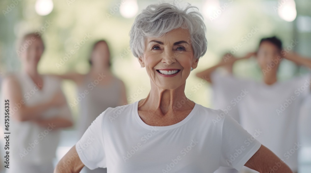 Happy Senior Caucasian Woman and Daughter Exercising Together in Joyful Retirement Fitness Class Happy Senior Caucasian Woman and Daughter Exercising Together in Joyful Retirement Fitness Class