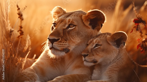 Lioness tenderly embraces her cub on golden savannah, warm sunsets paint the horizon. © Kanisorn