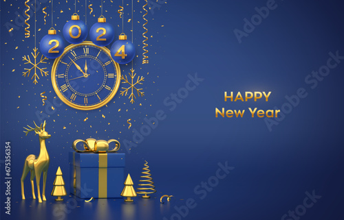 Happy New 2024 Year. Merry christmas card. Blue Christmas bauble balls with gold numbers 2024, snowflakes. Watch with Roman numeral countdown midnight. Gift box, gold deer, fir, spruce trees. Vector.