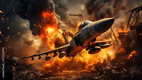 fighter jet aircraf on war with the explosion behind