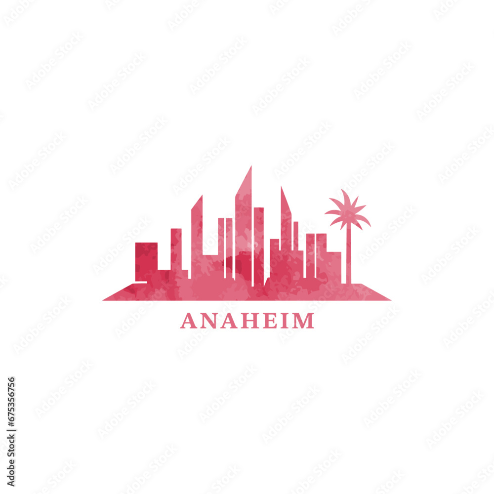 Anaheim US watercolor cityscape skyline city panorama vector flat modern logo icon. USA, California state of America emblem with landmarks and building silhouettes. Isolated graphic