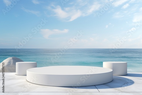 White marble podium and water lake lagoon with hills and mountains landscape background.
