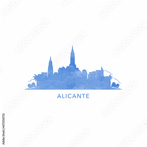 Alicante  watercolor cityscape skyline city panorama vector flat modern logo, icon. Spain town emblem concept with landmarks and building silhouettes. Isolated graphic